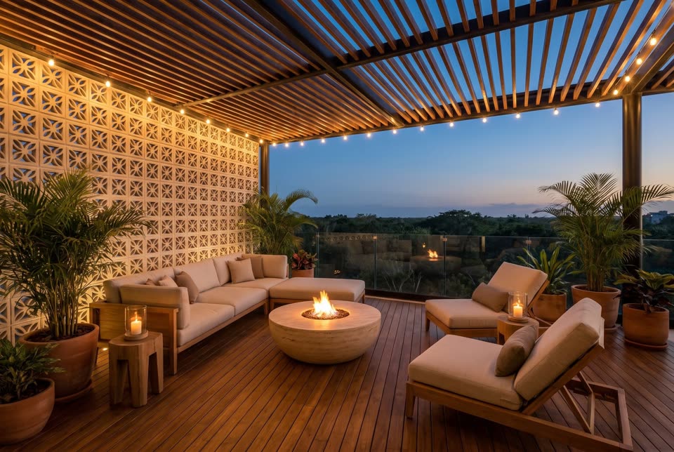 Terraza lounge al anochecer, con mesa de fuego
