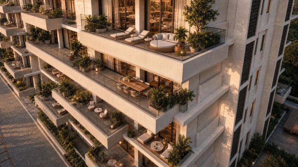 Vista aérea de una torre con sus terrazas escalonadas y jardineras