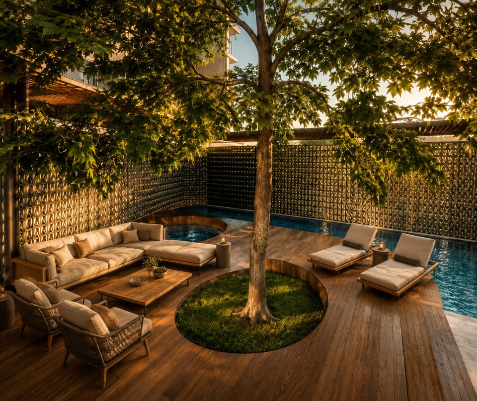 Rincón de estar bajo el árbol del patio de la piscina