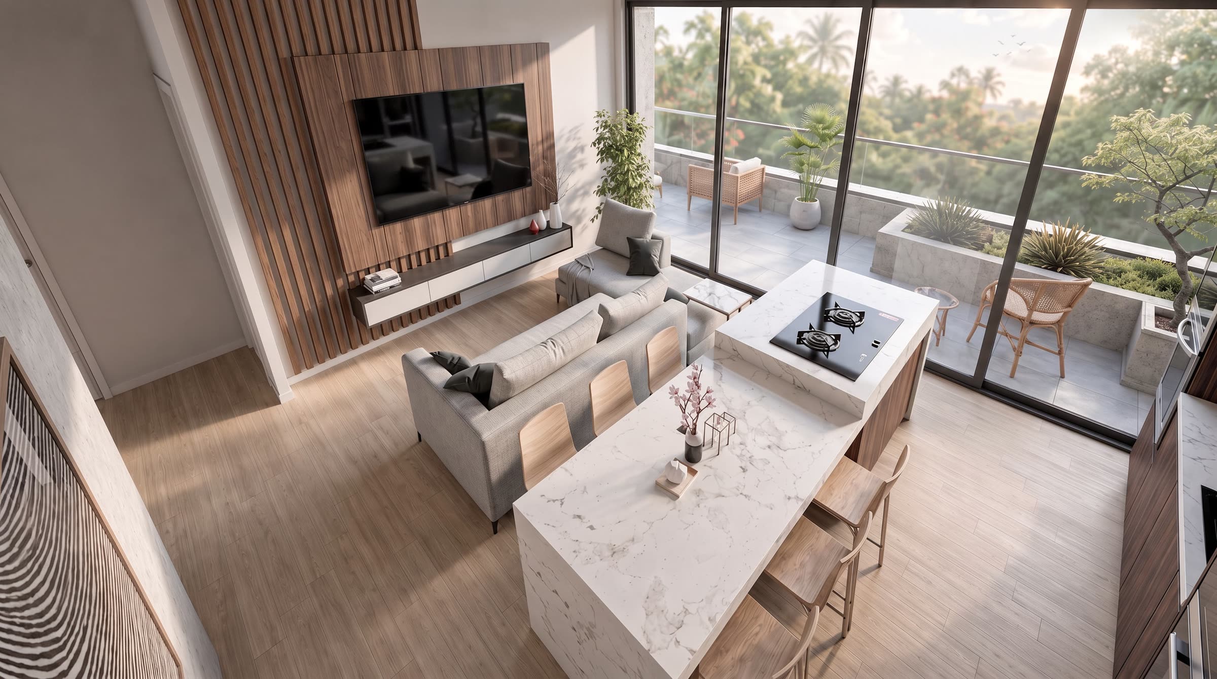 Sala, cocina y terraza del Modelo A