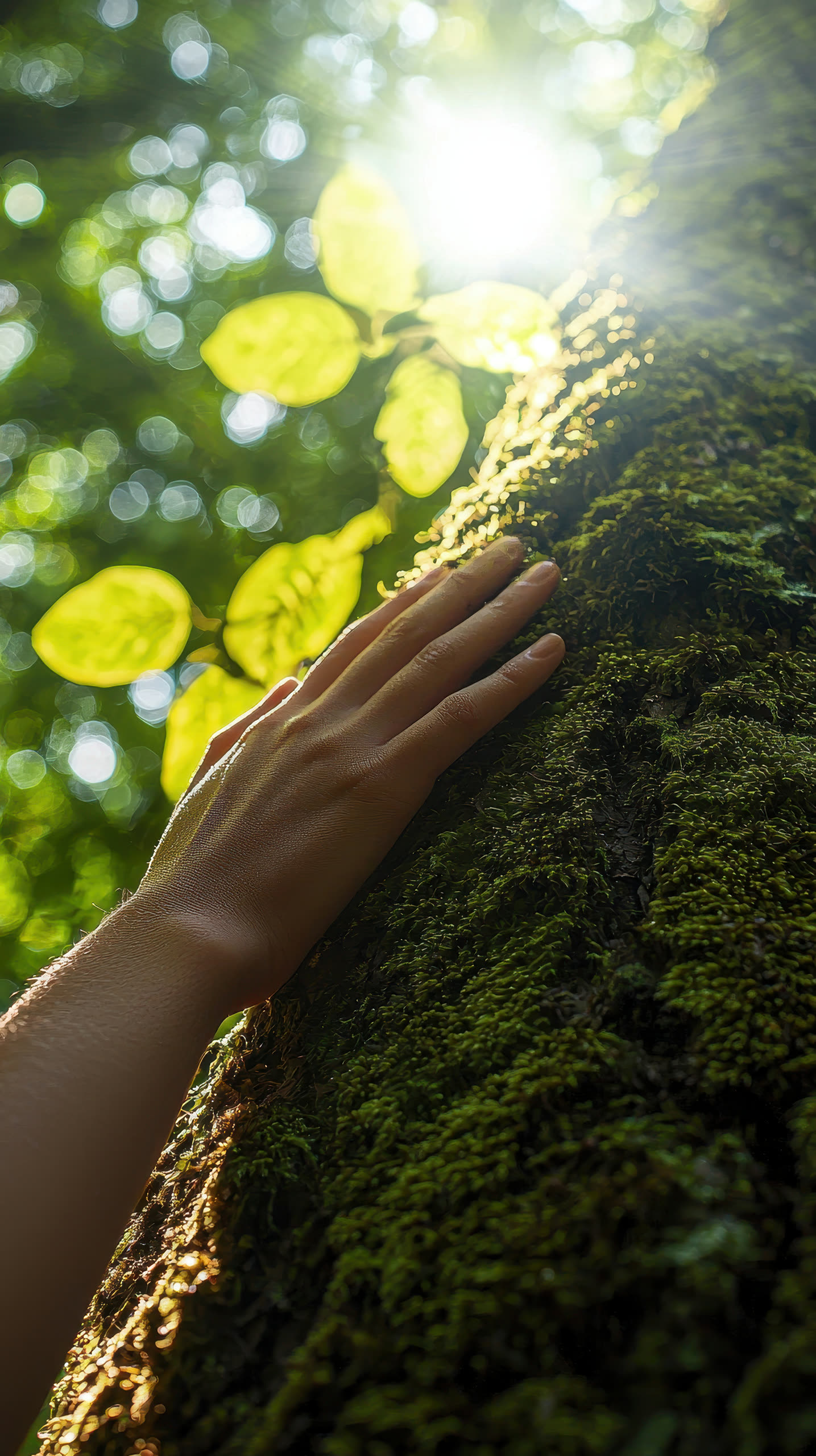 Una mano apoyada en un tronco con musgo, a contraluz entre hojas
