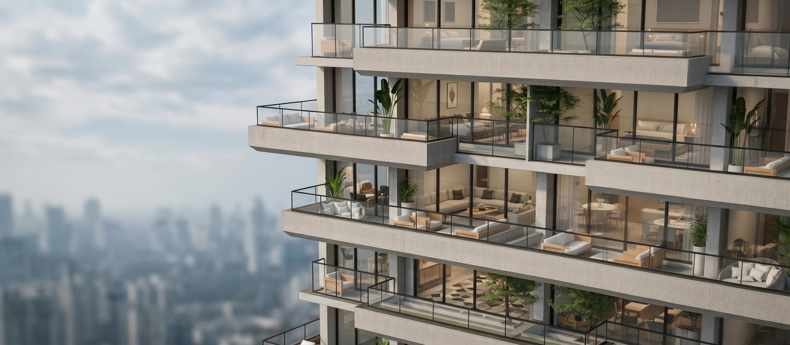 Balcones escalonados de la fachada, con jardineras, vistos desde el aire