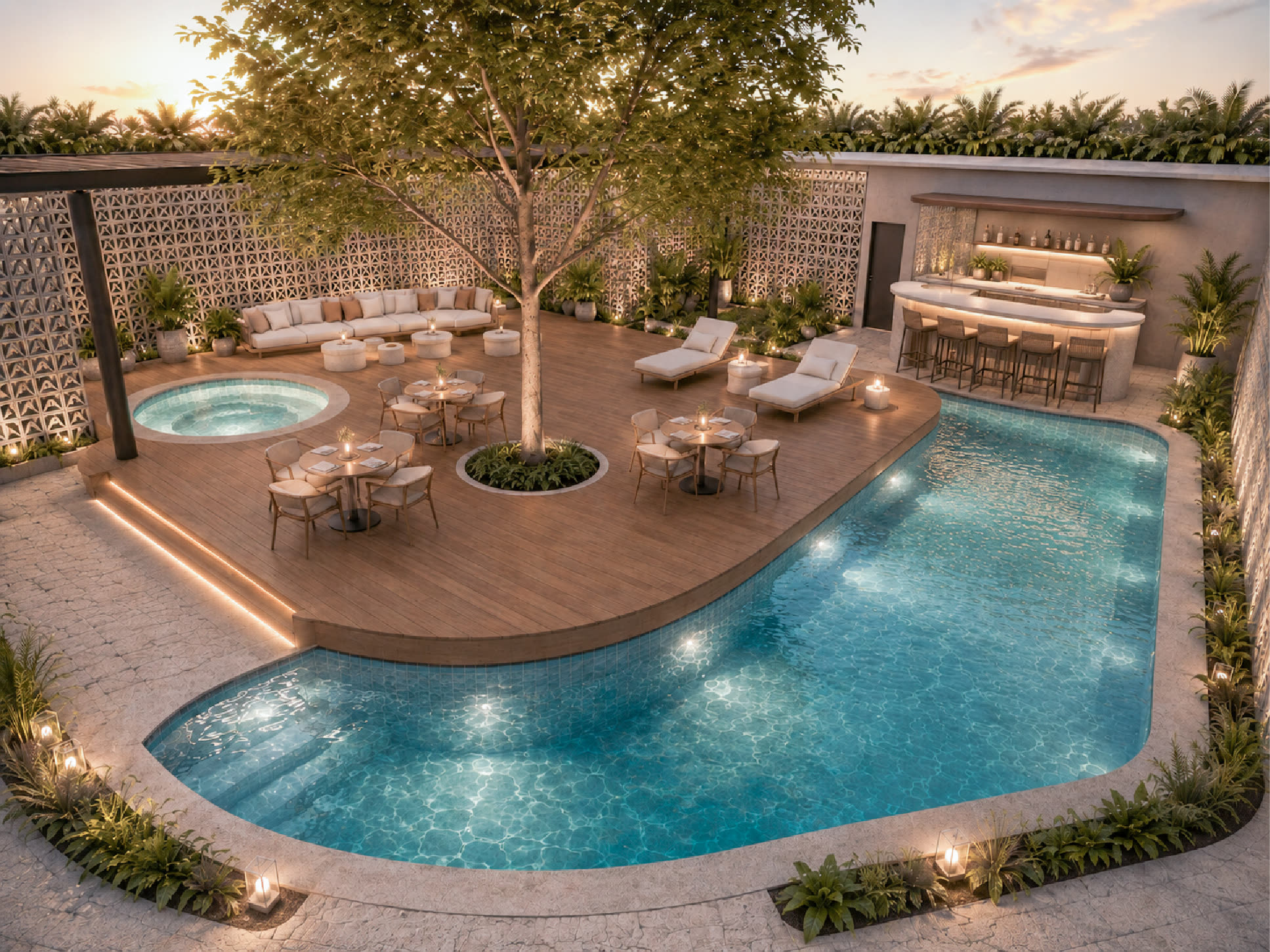 Patio de la piscina al atardecer, con el árbol en su jardinera redonda, el deck y el jacuzzi